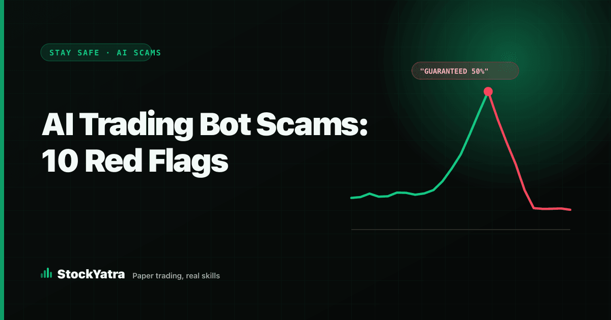 AI trading bot scams 10 red flags — cover with a pump and crash line