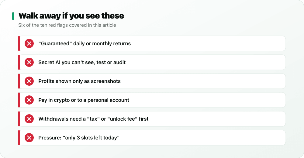 Six red flags: guaranteed returns, secret AI, screenshot profits, crypto payments, withdrawal fees, pressure