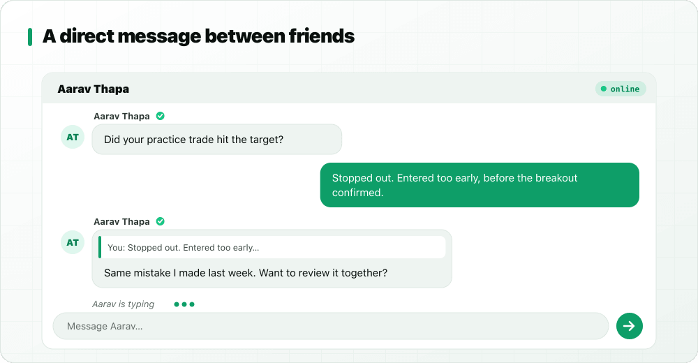 StockYatra direct message between two friends reviewing a stopped-out practice trade, with a quoted reply and typing indicator