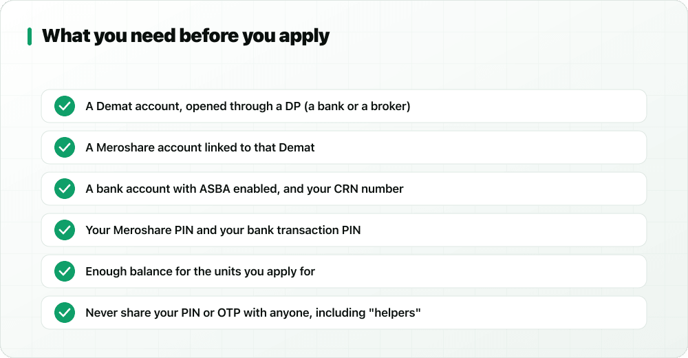 Checklist of what you need to apply for an IPO in Nepal: Demat, Meroshare, ASBA bank account and CRN, PINs, balance, and never sharing your PIN