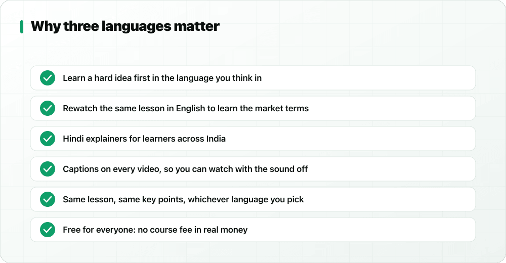 Checklist of reasons StockYatra lessons come in three languages