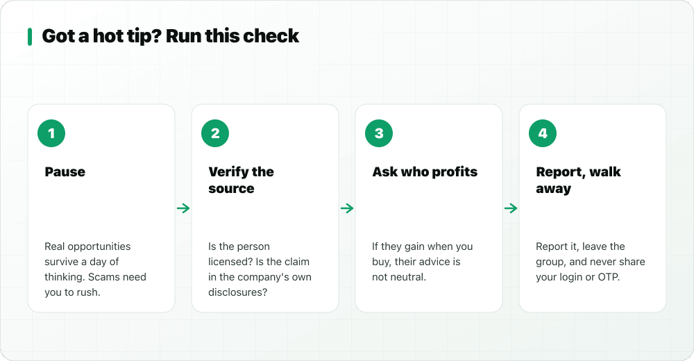 Four-step check for any stock tip: pause, verify the source, ask who profits, then report and walk away