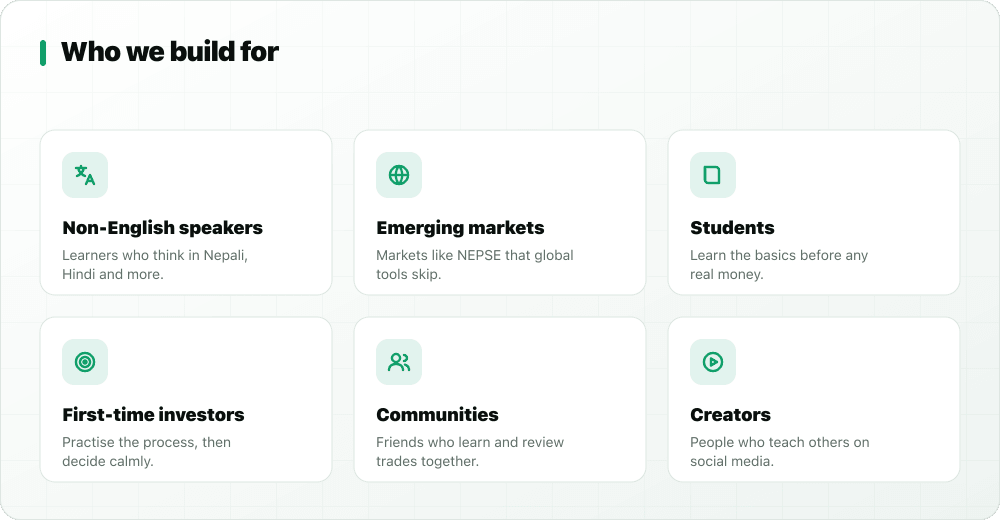 Who StockYatra is built for: non-English speakers, emerging-market learners, students, first-time investors, communities and creators