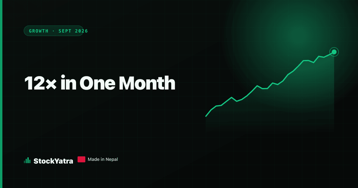 StockYatra cover reading 12× in One Month, with a steep rising green line and a Nepal flag