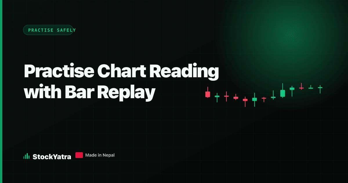 StockYatra cover reading Practise Chart Reading with Bar Replay, with a chart whose right side is hidden