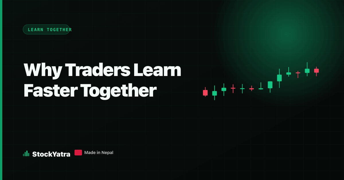 Why traders learn faster together cover with a candlestick chart in green and red