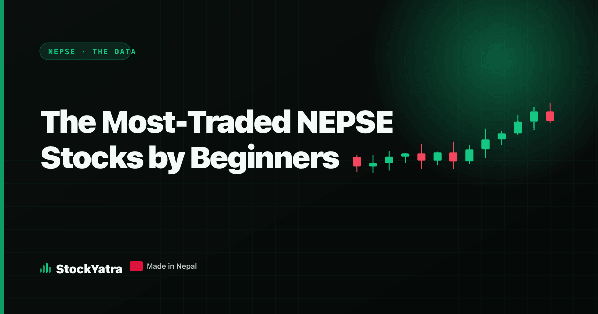 StockYatra cover reading The Most-Traded NEPSE Stocks by Beginners, with green and red candlesticks
