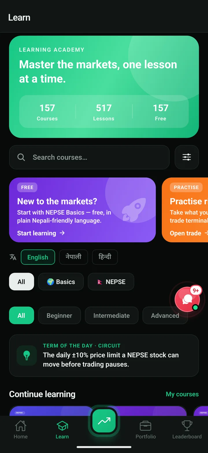 Learn tab: 157 courses, 517 lessons and language chips