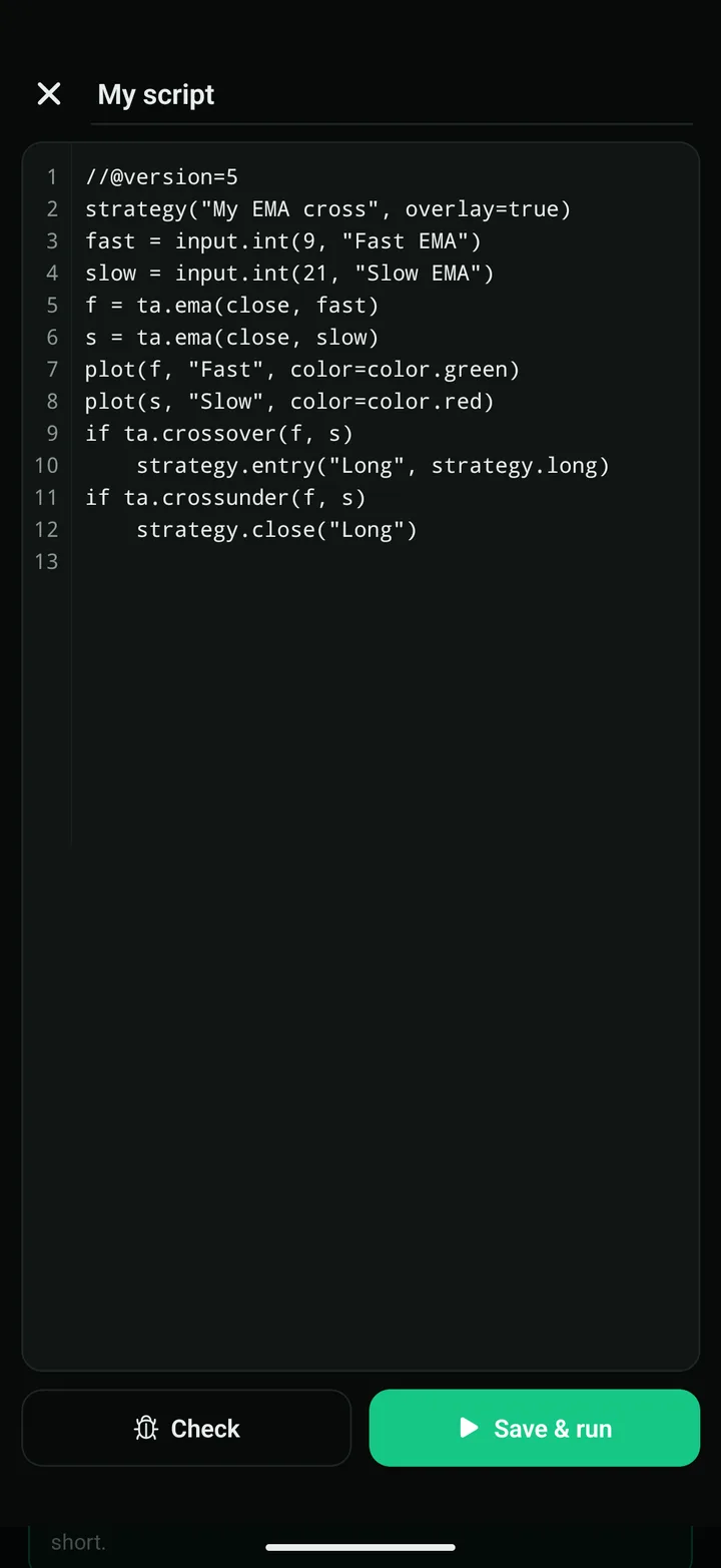 The Pine Script editor with line numbers