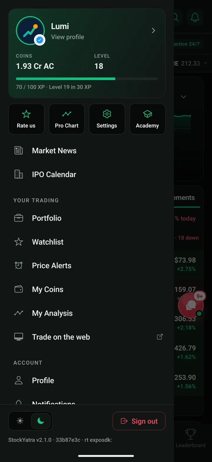 The redesigned side menu with Rate us, Pro Chart, Settings and Academy tiles
