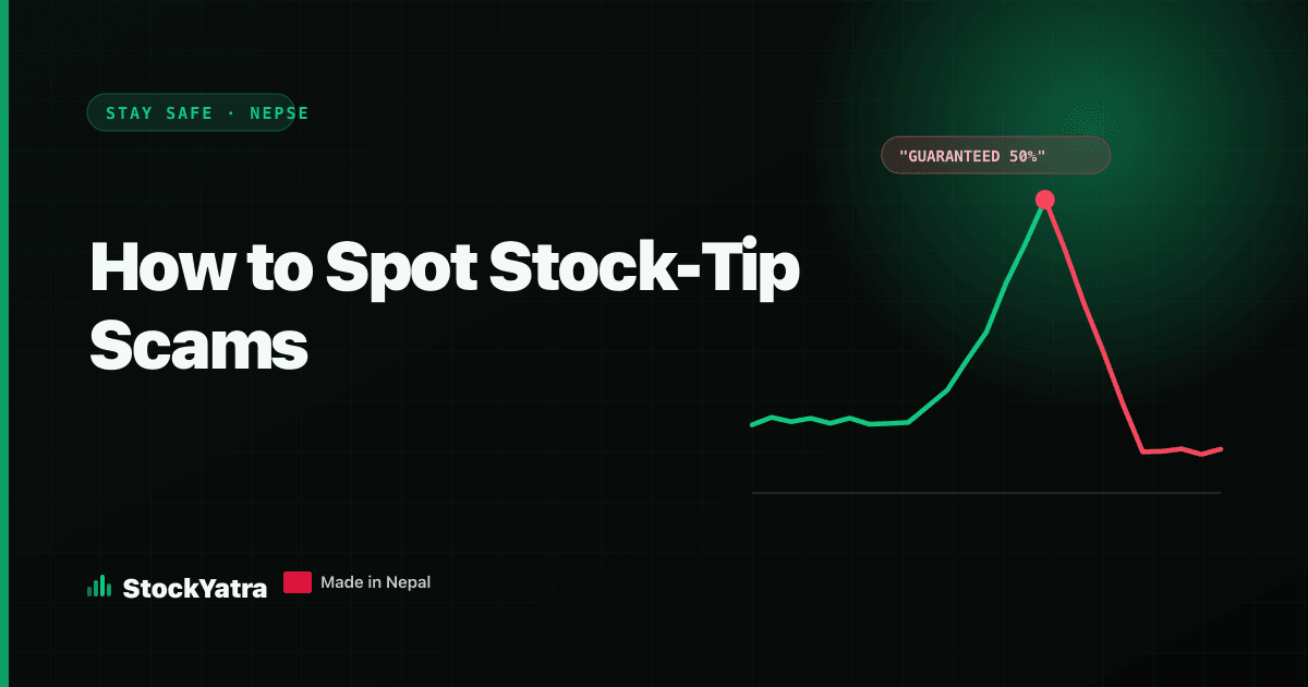 How to spot stock-tip scams cover showing a price spike labelled guaranteed 50% followed by a sharp red crash