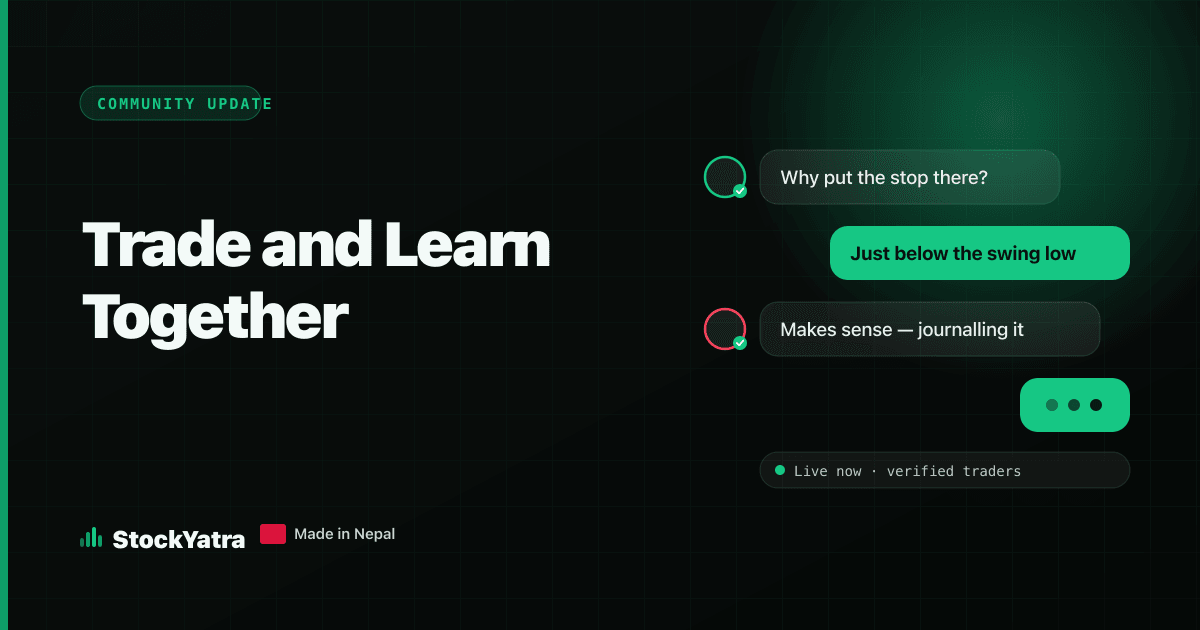 StockYatra community update cover showing a chat thread between traders discussing where to place a stop-loss