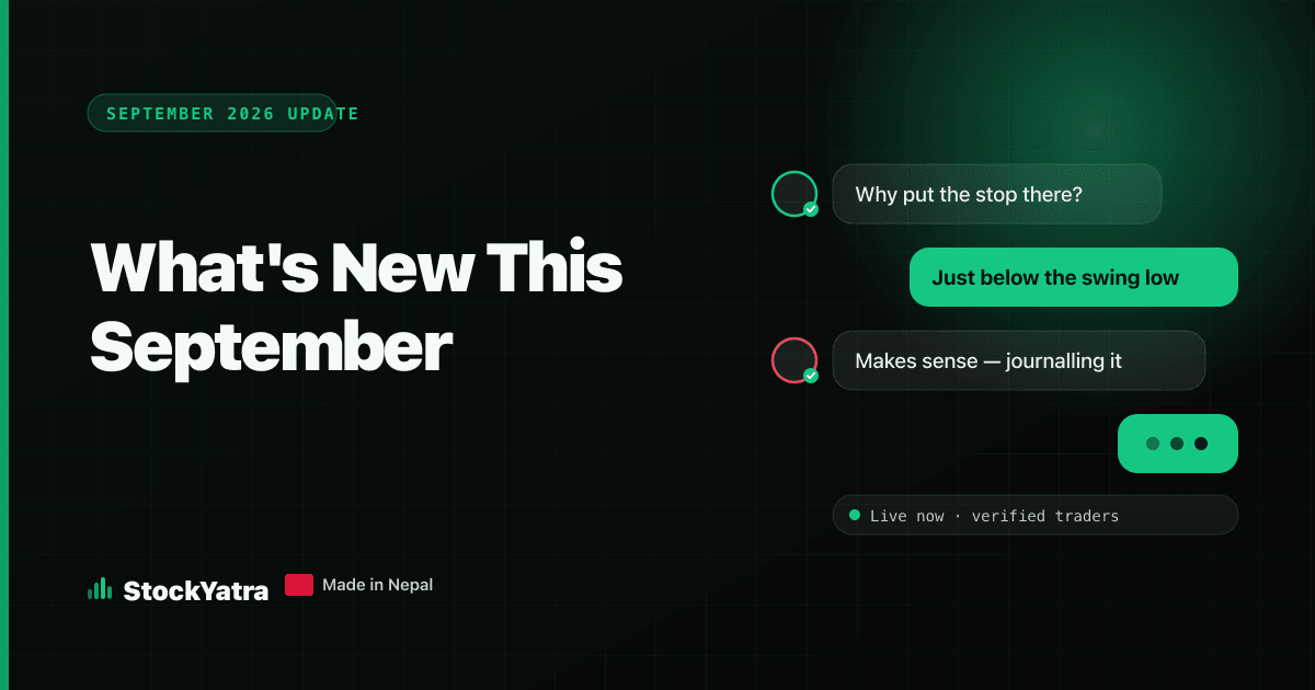 StockYatra September 2026 update cover with a chat thread between traders